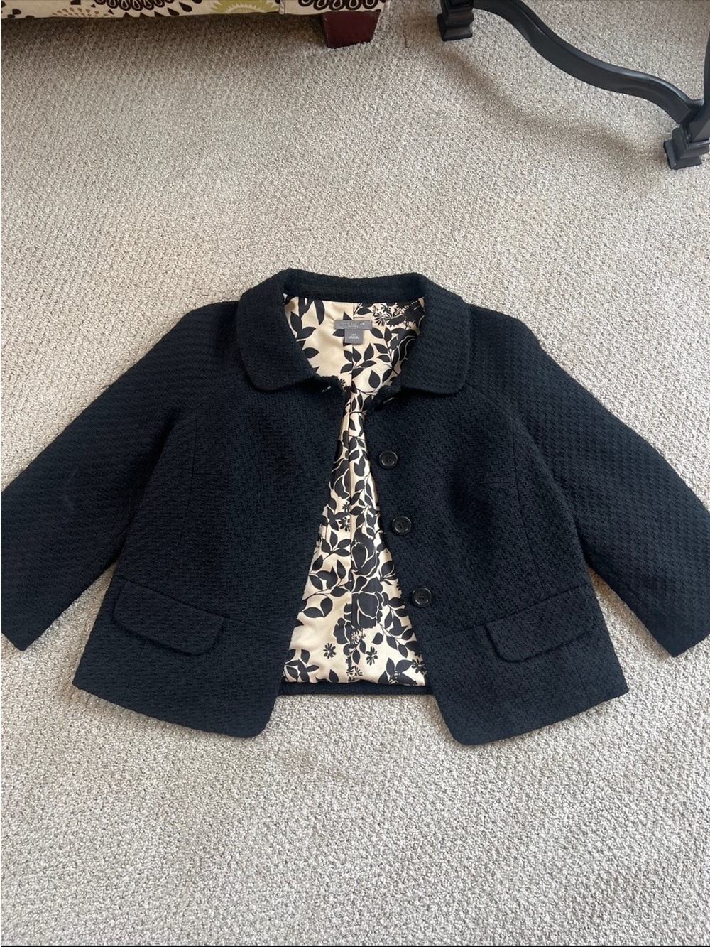 Ann Taylor Black Textured Cropped Blazer with Floral Lining